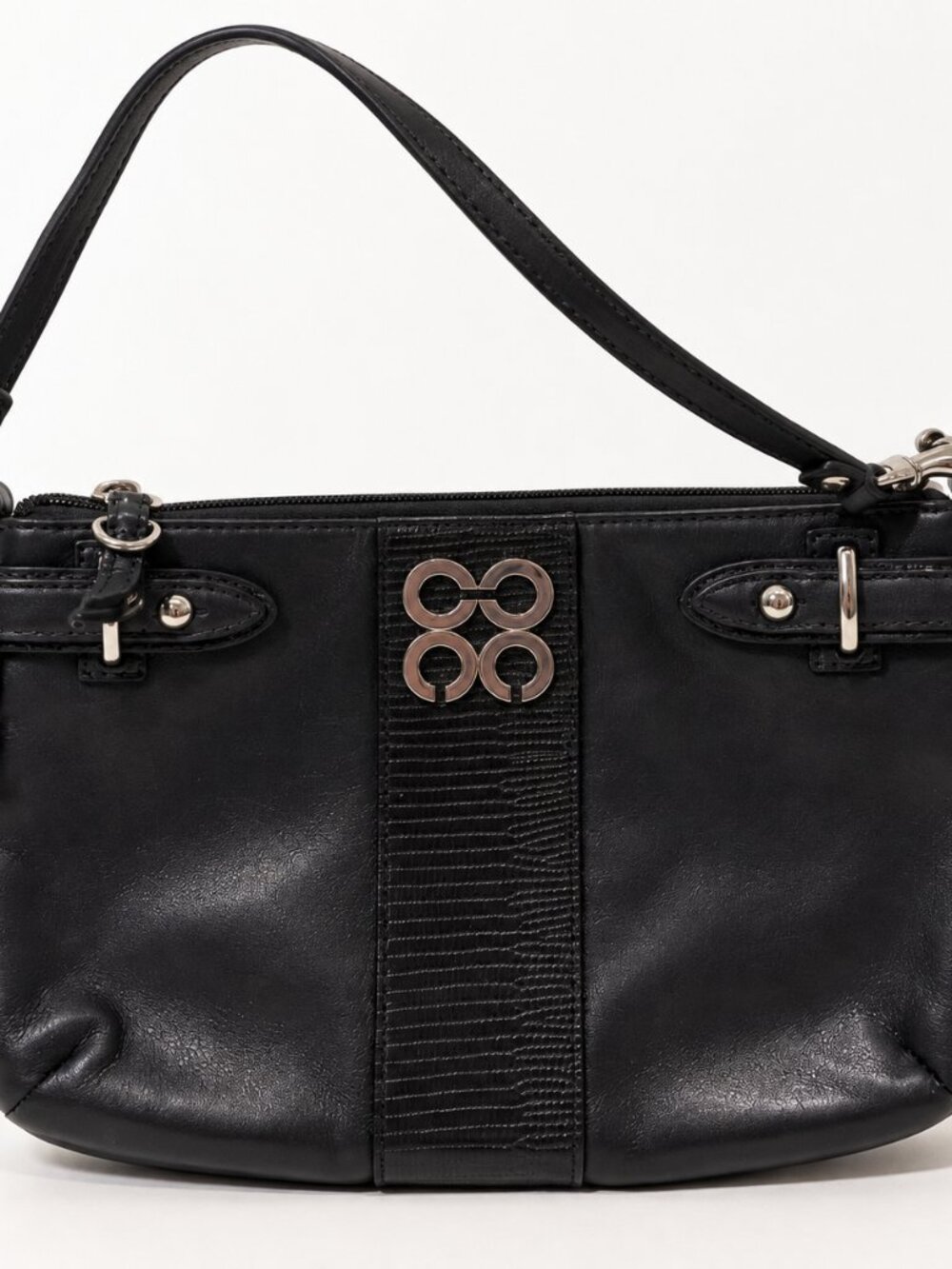 Coach Black Leather Wristlet Silver CC Logo Lizard Embossed Stripe